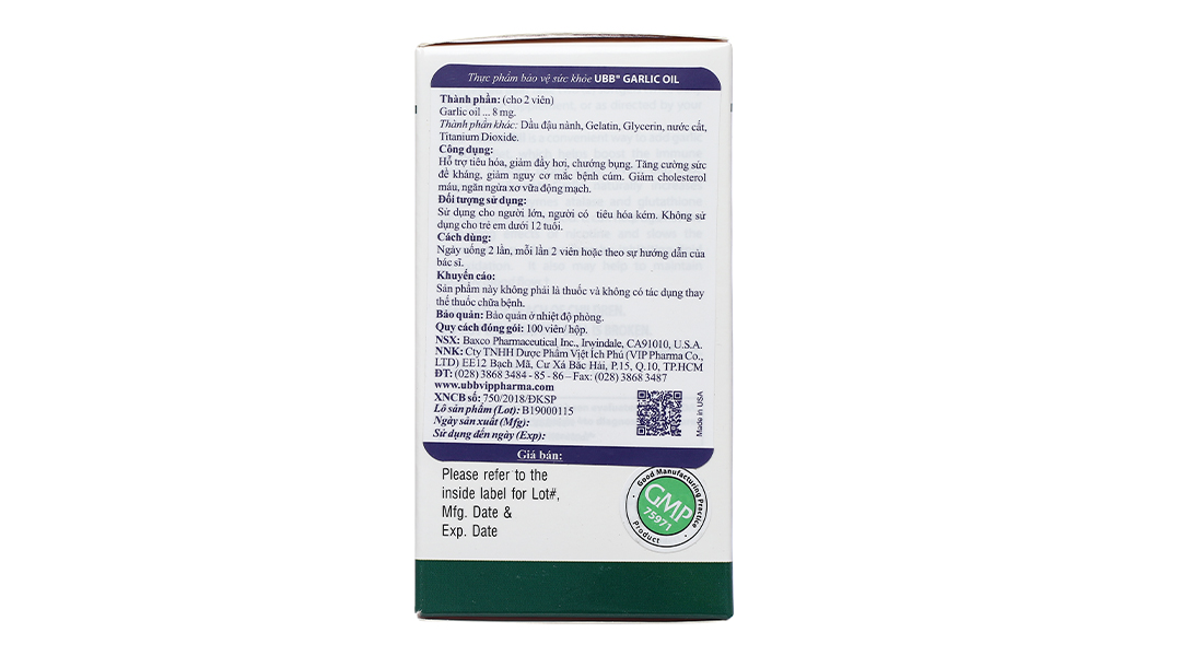 UBB Garlic Oil hỗ trợ tiêu hóa, giảm mỡ máu lọ 100 viên