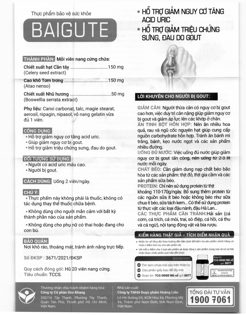 Baigout cải thiện sưng, đau khớp do gout hộp 20 viên