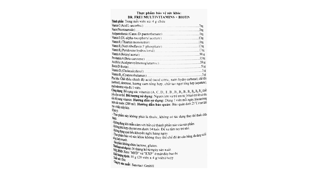 Viên sủi Dr. Frei Multivitamin Biotin hỗ trợ da, tóc, móng tuýp 20 viên