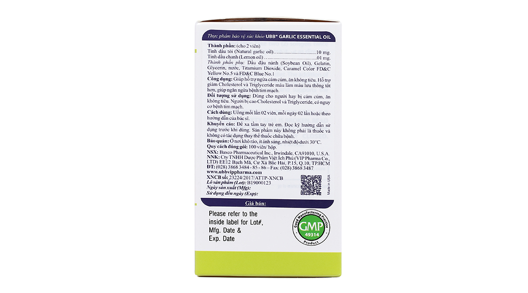 UBB Garlic Essential Oil hỗ trợ tiêu hóa, giảm mỡ máu lọ 100 viên